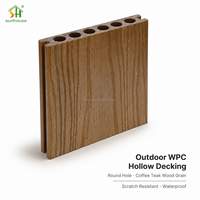 Planches de terrasse en composite co-extrudé WPC pour extérieur, à trous ronds, creuses, 140x25mm, couleur teck, finition grain de bois