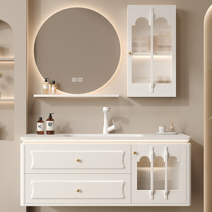 French style rock slab ceramic integrated basin intelligent LED lighting <b>mirror</b> milk oil wind storage bathroom cabinet - Product Image 1