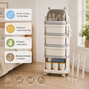 Rak Penyimpanan Plastik Modern 5 Tingkat dengan Laci dan Roda, Rak Organizer PP untuk Kamar Bayi, Mainan Anak, Kamar Tidur, Rumah - Product Image 1