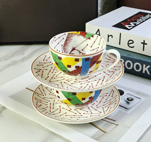 Colorful Geometric And Horse Print Bone China Coffee Cup And Saucer With <b>Red</b> Line Pattern For Afternoon Tea - Product Image 5
