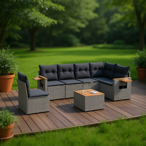 Conjunto de Sofás de Jardín de Ratán Gris, 6 Plazas, Muebles de Exterior Resistentes a la Intemperie, Diseño Contemporáneo - Product Image 2