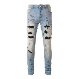 Rts For Dropshipping 6523 Distressed Damage Tapered Patched Dropshipping Rhinestones Splash Splatter Jeans For Dropshipping