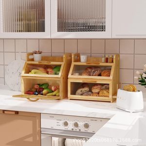 Bai Yixing Bamboo Wood Bread Storage Box <b>Double</b> Layer Glass Door Kitchen Bread <b>Bin</b> With Knife Holder - Product Image 3