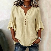 Kaos Fashion Wanita, Kerah V dengan Detail Kancing dan Lengan Ruffle 3/4, Atasan Tunik Longgar Kasual untuk Pemakaian Sehari-hari & Musim Panas