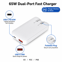 Chargeur rapide PowerEric EU Plug PD65W Gan avec PD3.0, câble rétractable pliable, 2 ports USB pour ordinateur portable