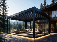 Moderne Aluminium-Pergola mit Glastüren und Windschutzvorhängen Motorisiertes Lamellendach für Hotel-Terrasse und Garten