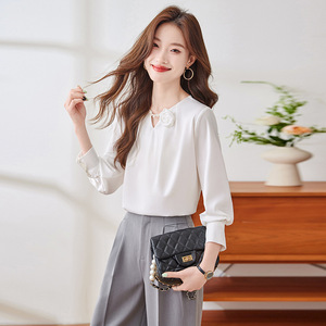 Women's Long Sleeve Shirt Solid Color <b>Satin</b> Round Neck Elegant <b>Blouse</b> For Everyday Wear - Product Image 4