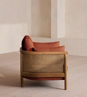 Fauteuil individuel de luxe moderne en tissu rustique avec panneaux en rotin tressé pour salon, chaise d'hôtel, pièce de mobilier de salon