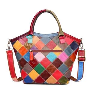 Sac à main pour femme en cuir de vachette véritable, avec surpiqûres losanges, sac bandoulière, sac cabas grande capacité style panier, en cuir de vachette véritable - Product Image 2