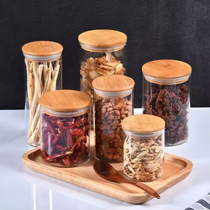 Frasco Redondo Vacío de Vidrio de Borosilicato para <span class=keywords><strong>Cocina</strong></span>, Frasco de Almacenamiento de Alimentos, Especias y Pasta con Tapa de Bambú Hermética - Product Image 5