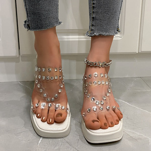 Sandalias de tacón grueso con plataforma y punta cuadrada para mujer, con diamantes de imitación transparentes, estilo mule, sin cordones, para verano - Product Image 4