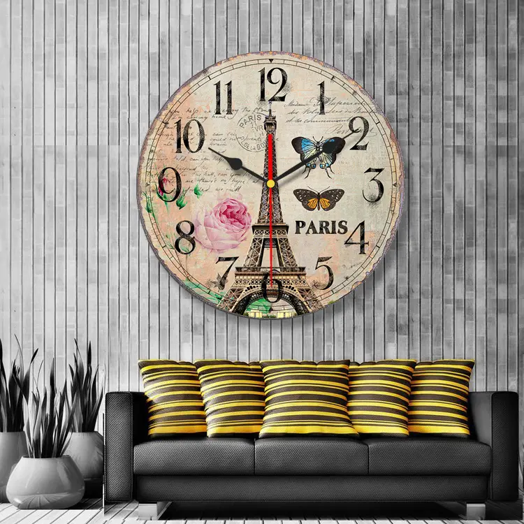 Venta al por mayor barato estilo antiguo reloj decoración del hogar redondo digital de madera Relojes de pared