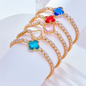 Women 18k Gold Flower Bracelet Plated Color Lucky Four Leaf Clover Excellent Agate Bracelet