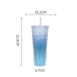 710 ML Double plastic cup with straw lid for drinking Mermaid print fish scales holographic ombre color Mug