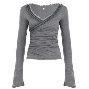 Camiseta de Punto Elástica para Mujer, Cuello en V Cruzado, Manga Campana, Ecológica, Ajustada, Color Sólido, con Ribete de Encaje - Product Image 6