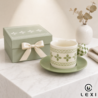 Nouvel ensemble tasse à café et soucoupe en céramique à motif quadrillé avec poignée, motif floral en treillis vert sauge, pour la décoration intérieure LEXI
