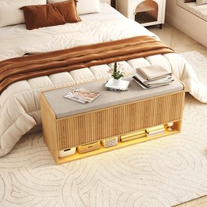 SENYU <b>Wooden</b> <b>Shoe</b> Storage Bench with Cushion Seat and LED Light for Entryway Modern Scandinavian Design - Product Image 2