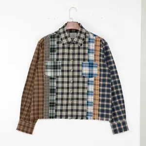 Color Matching Patchwork Long Sleeve Plaid Shirt Casual Oem 100% Cotton Button Up Shirt With 2 Pocket Design