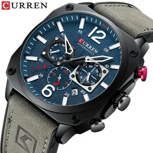 CURREN-Reloj de pulsera deportivo para hombre, cronógrafo de cuarzo, con manecillas luminosas, de cuero, informal, 8398