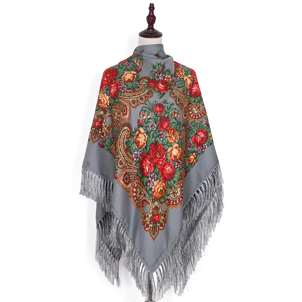 Chal cuadrado de estilo étnico para mujer, bufanda de gran tamaño con estampado de flores y borlas para primavera y otoño