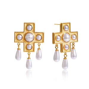 J & D takı çapraz şekilli cam inci damla küpe 18K PVD altın kaplama paslanmaz çelik zarif küpe kadınlar için - Product Image 2