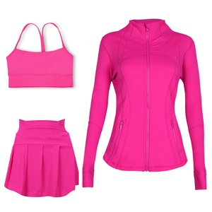 Wholesale 3pcs Yoga Set S-3XL Stand up Collar Zip-up <b>Jacket</b> for <b>Women</b> Sports Bra Tennis Skirt Gym Workout Jogger Sportswear Set - Product Image 5