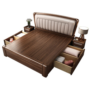 Dazhang Jiaju Walnut Solid Wood <b>Bed</b> 1.8m King Size Storage <b>Soft</b> Headboard Modern Minimalist Bedroom Furniture - Product Image 5