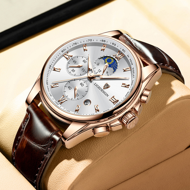 For LG8951 Custom Logo Luxury Quartz Chronograph Watch Men Stainless Steel Leather Strap Simple Sport Waterproof Wristwatch
