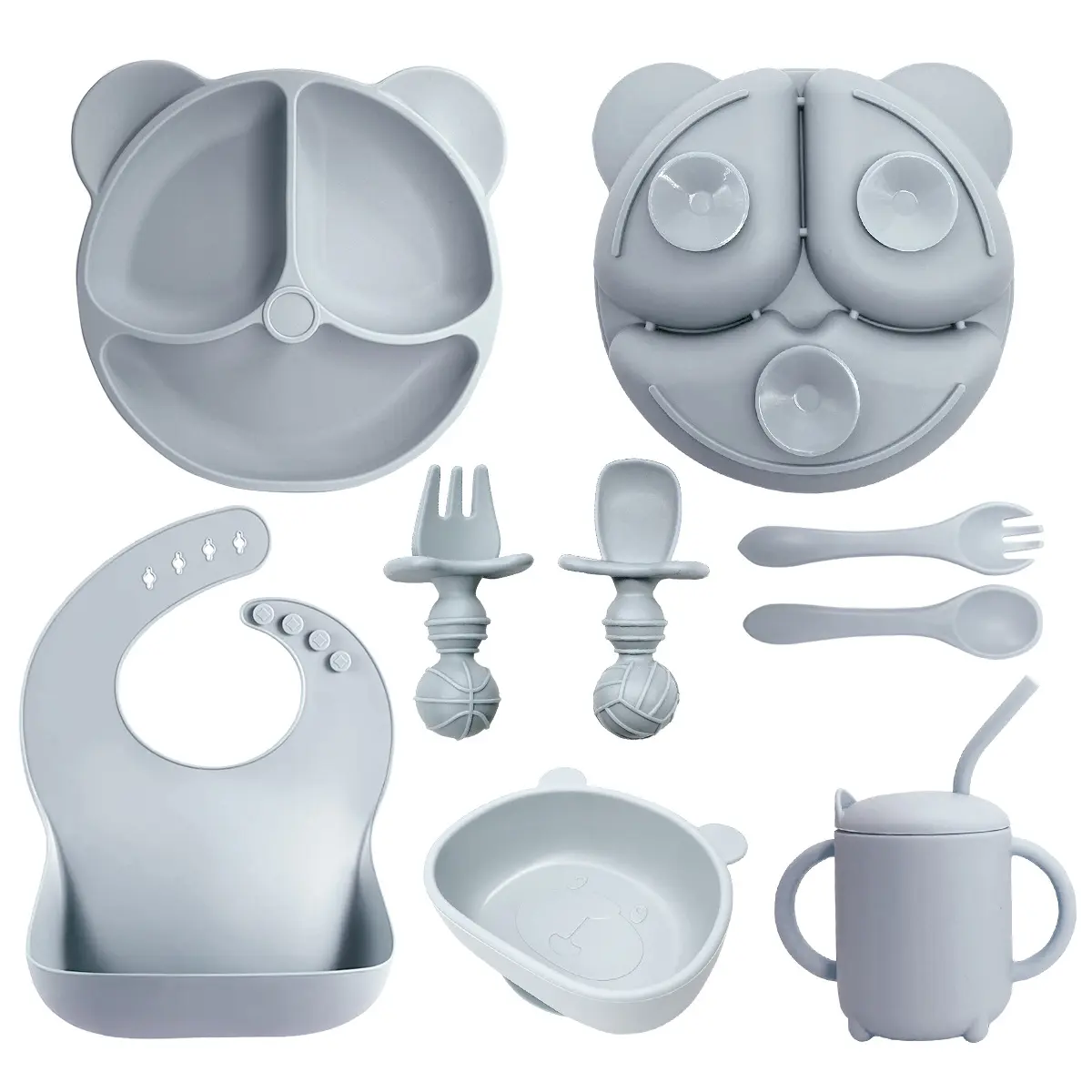 Neues BPA-freies Kindergeschirr Baby Strohhalm Tasse Teller Silikon Kinder Teller und Schalen Essen Füttern Baby-Led-Weinenset