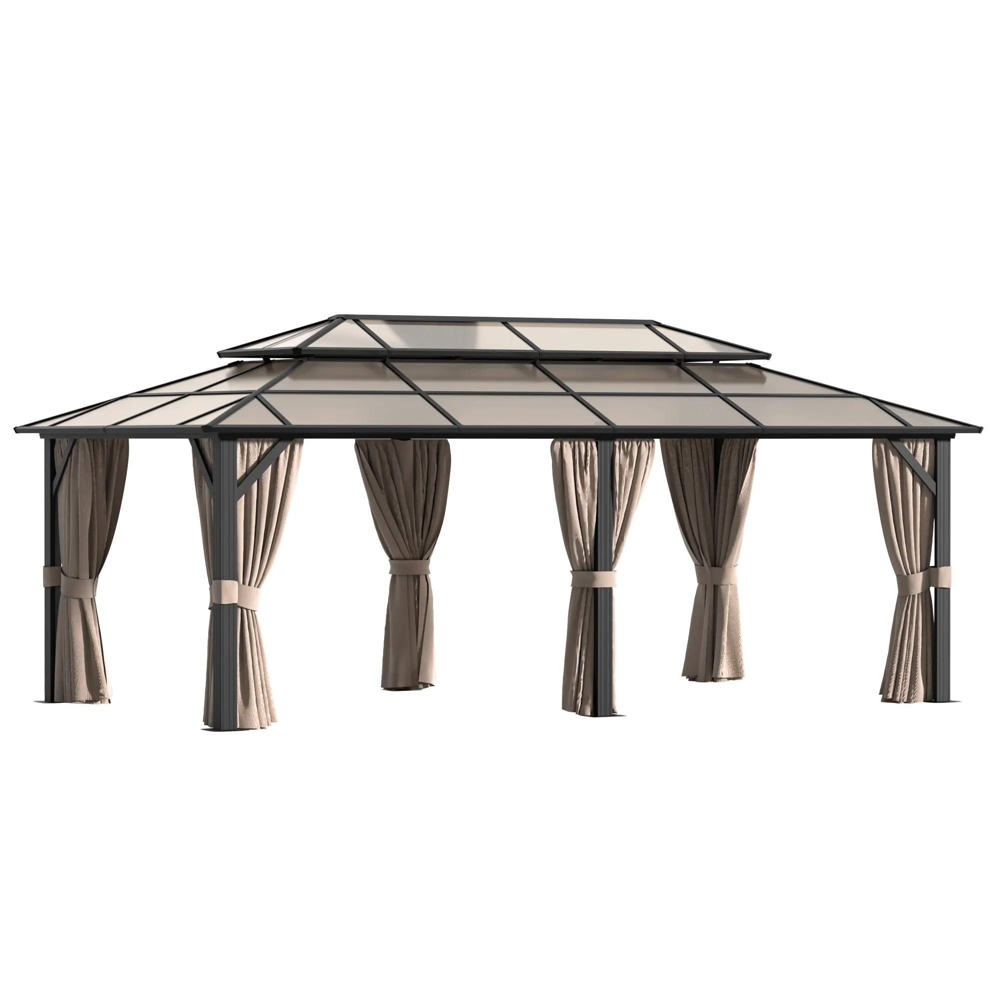 12' x 20' Hardtop Gazebo Polycarbonate Double Roof Brown Easy Assembly Aluminum Coating PVC Arbours Arch