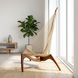 Fauteuil Harpe Moderne du Milieu du Siècle en Bois Massif, Fauteuil d'Appoint Sculptural de Designer avec Corde pour Salon et Hall d'Hôtel - Product Image 4