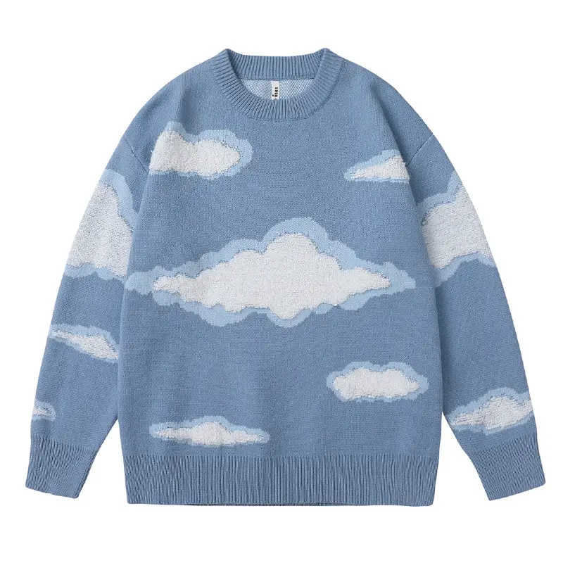 Custom men sweater Jacquard knit pullover knitwear winter crew neck cotton blue sky white cloud sweater