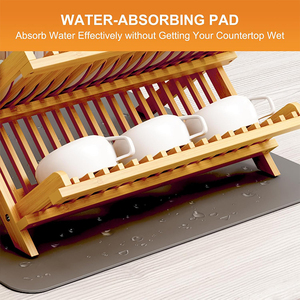 Escurridor de Platos de Bambú Plegable de <span class=keywords><strong>3</strong></span> <span class=keywords><strong>Niveles</strong></span>, Resistente y Personalizado, con Compartimento para Cubiertos y Tapete de Secado para Encimera - Product Image 3