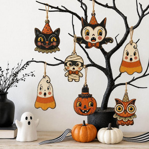 Ensemble d'ornements en <span class=keywords><strong>bois</strong></span> vintage rétro pour Halloween, étiquettes suspendues en <span class=keywords><strong>bois</strong></span>, décoration murale pour arbre d'Halloween, plateau à étages, cadeau - Product Image 1