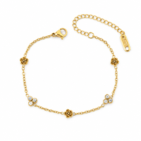 PVD Gold Plated Rolo Chain Women Bracelet, 5-Petal Flower & Hollow Ring CZ Charms Daily Elegant Wrist Jewelry Bulk Wholesale