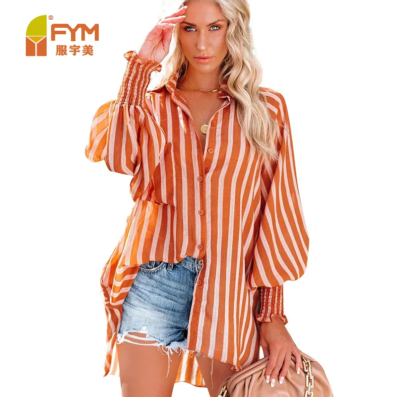 Spring Fashion Casual Striped Top Shirts Blouses Long Sleeve Loose Fit Stripe Shirt Ladies Button Up Beach Resort Shirts