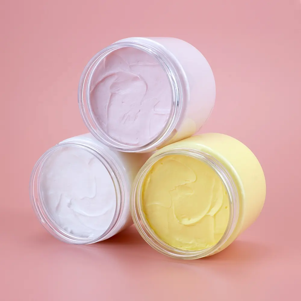 Grosir Label Pribadi Lotion Badan Merah Muda Vegan OEM Body Butter Organik Shea Butter Kocok dengan Wadah Stoples Yang Bagus