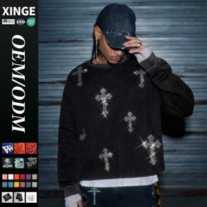 Sudadera con capucha para hombre de estilo urbano, de fabricante, con lavado vintage, bordado 3D, corte holgado, estampado personalizado de cruz con pedrería, cuello redondo oversize, para otoño - Product Image 1