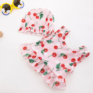 गर्म बेच बिना आस्तीन के साथ चेरी पैटर्न बच्चे लड़की बच्चे तैरना सूट 2 टुकड़ा सूरज टोपी और गीला बैग - Product Image 2