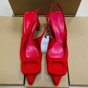 Women's Pointed-toe <b>Block</b>-heel Slip-on High Heels Sandals with Rhinestone Square Buckle and Ankle Strap Mules - Product Image 4