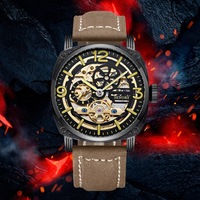 Montre mécanique automatique squelette pour homme, bracelet en cuir marron, étanche, design tendance