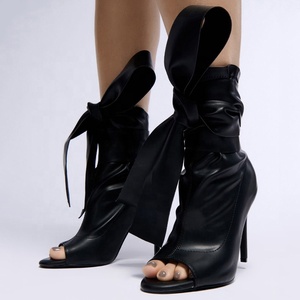 Summer Peep Toe Stretch Sandals <b>Shoes</b> High Top Stiletto Ankle Boots Sexy Women's Lace Bow-knot Short Boots - Product Image 2