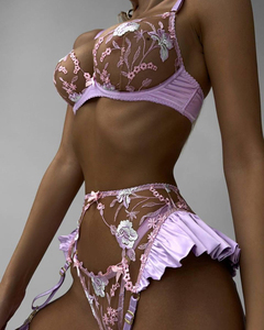 Set di Lingerie in Pizzo <span class=keywords><strong>Sexy</strong></span> all'Ingrosso, Set San Valentino con Reggicalze, Reggiseno e Perizoma Trasparenti Ricamati, Lingerie <span class=keywords><strong>Sexy</strong></span> da Donna - Product Image 2