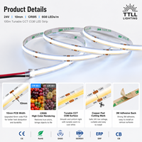 Lampu Strip LED COB CCT 24V CRI95 608LEDs/m 10mm Tunable White FCOB Tape 100m Gulungan Grosir untuk Proyek Hotel CE SASO