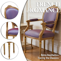 Fauteuil vintage européen en bois massif avec revêtement en tissu violet, fauteuil d'appoint en bois massif