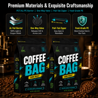Sachet de café imprimé sur mesure, pochette verticale avec valve de dégazage unidirectionnelle, fermeture éclair, emballage noir mat, languette de tirage