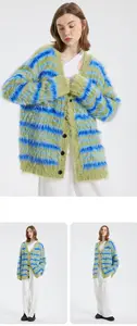 Kadın kazak Vintage şerit tiftik örme hırka moda V boyun rahat kazak ceket