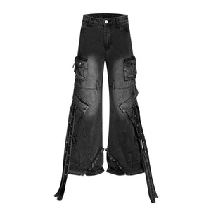 Pantalones Cargo de Mezclilla 100% Algodón, Estilo Vintage, Lavados, Transpirables, con Múltiples Bolsillos, Corte Holgado, Pierna Recta y Ancha, Estilo Hip Hop, Casuales - Product Image 1