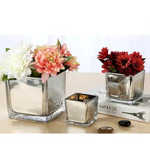 Bán Buôn 6 Inch Electroplated Trắng Đen Bạc Cube Glass Vase Cho Trang Trí