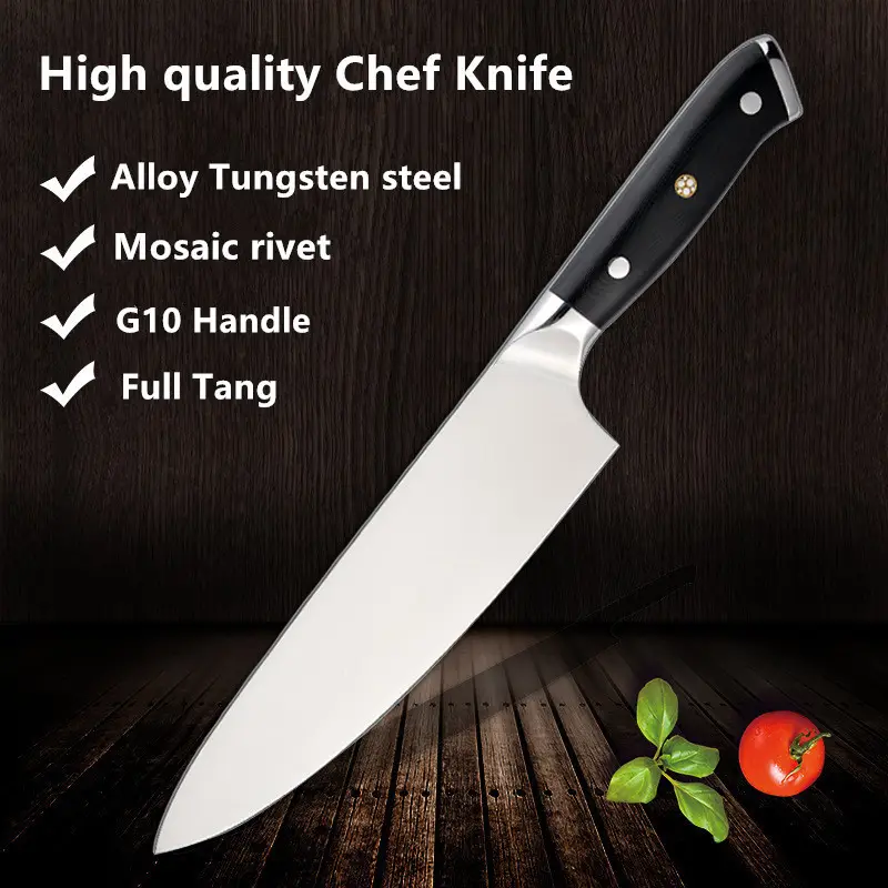 Cuchillo de cocina de acero al carbono de 8 pulgadas, utensilio ergonómico para cortar carne y verduras, mango G 10